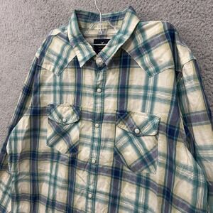 American Eagle Shirt Mens Extra Large Blue Beige Plaid Pearl Snap Western Soft